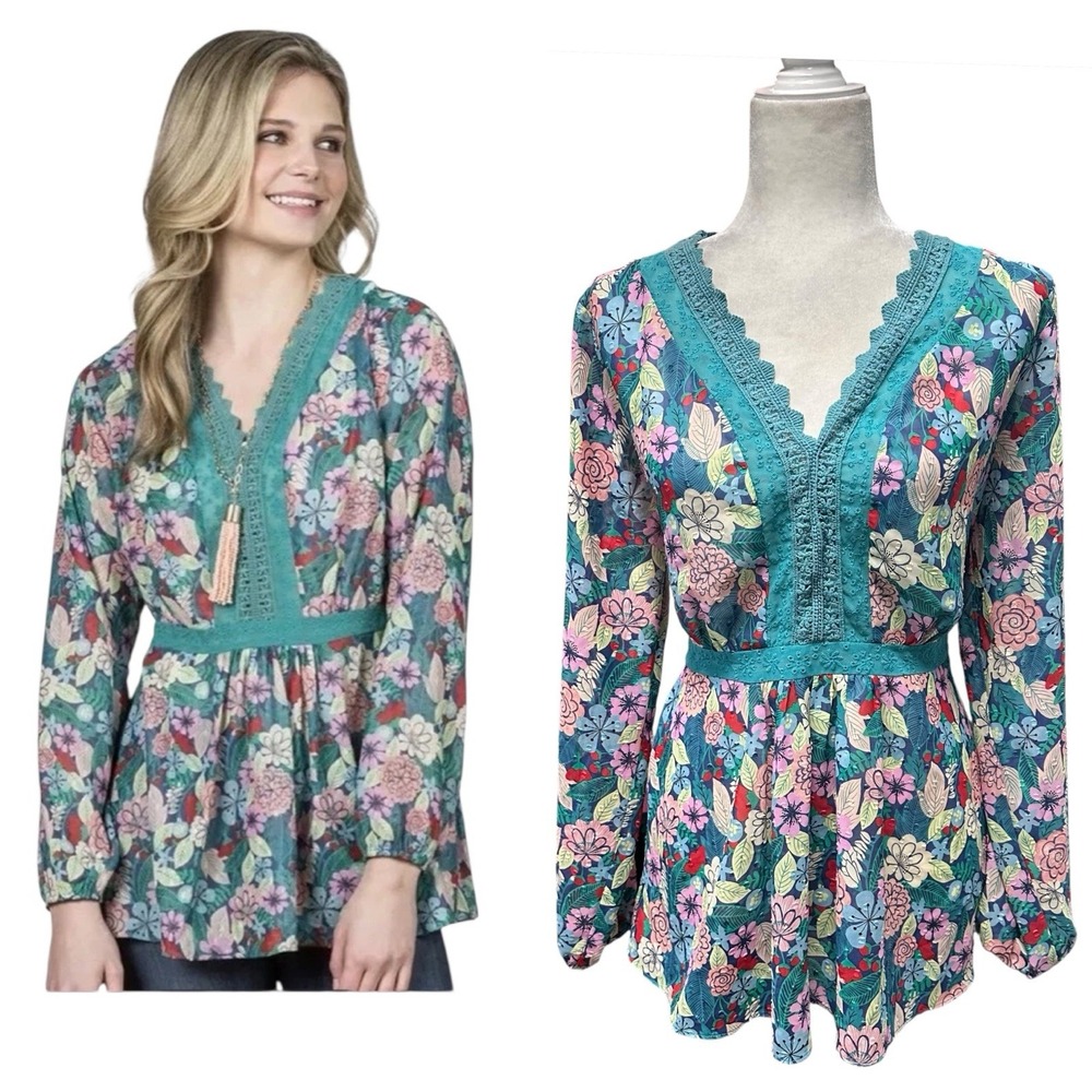 Matilda Jane Blouse Top Womens Size L Teal Floral Peasant Tunic Chiffon Feminine